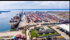 Aerial view of Onne Port container terminal in Rivers State, a strategic eastern gateway targeted for comprehensive modernisation and upgrade to improve cargo handling, cut vessel turnaround times and decongest Lagos ports under Nigeria’s blue economy programme.